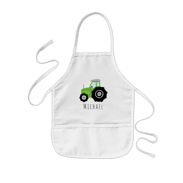 Boys Cute Green Farm Tractor with Name  Kids Apron (Front)