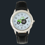 Boys Cute Green Farm Tractor with Name Kids Watch<br><div class="desc">This cute kids' watch features a green tractor cartoon on blue,  with clear numbers,  and can be personalised with your boy's name. Perfect for a farm and tractor-loving kids first watch! Check out our store for other cute designs.</div>