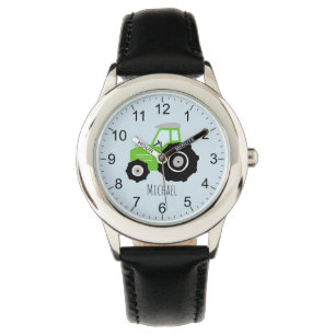 Boys Cute Green Farm Tractor with Name Kids Watch