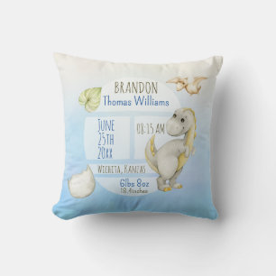 Boys Cute Green T-Rex Keepsake Birth Stats Cushion