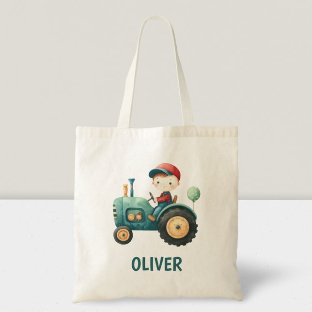 Boys' Cute Green Tractor Personalised Tote Bag (Creator Uploaded)
