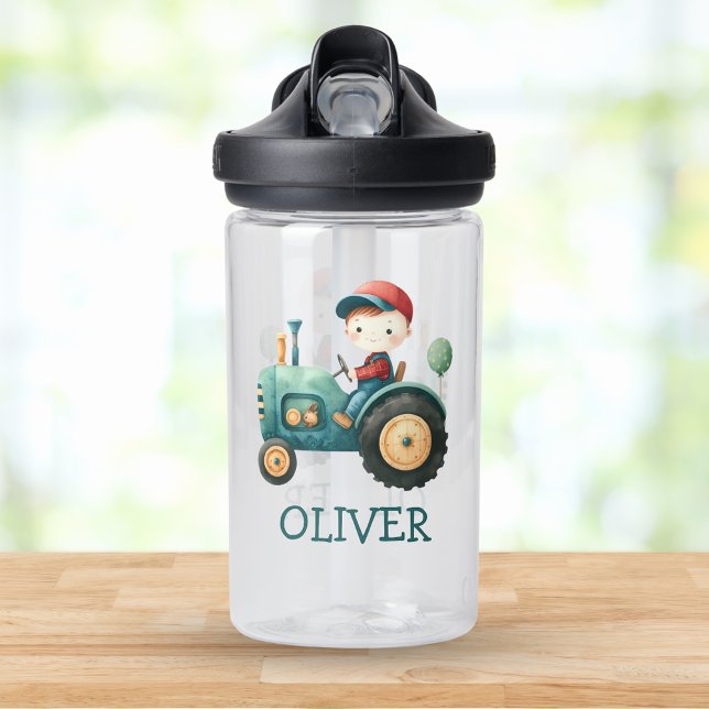 Boys' Cute Green Tractor Personalised Water Bottle (Creator Uploaded)