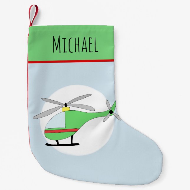Boys Cute Helicopter Doodle and Name Small Christmas Stocking (Front)