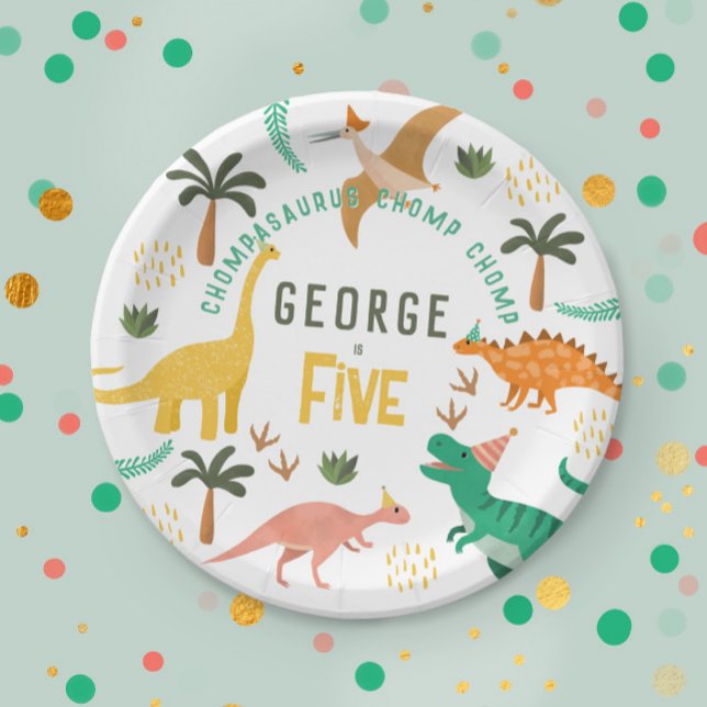 Boys Cute Jungle Dinosaur T-Rex Kids 5th Birthday Paper Plate (Creator Uploaded)