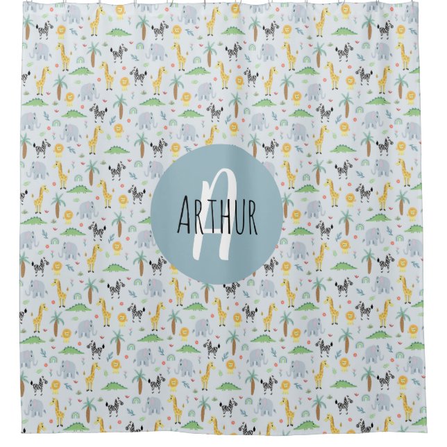 Boys Cute Jungle Safari Animals Zebra & Name Kids Shower Curtain (Front)