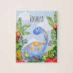 Boys Cute Jungle Watercolor Dinosaur and Name Kids Jigsaw Puzzle<br><div class="desc">This cute and unique kids puzzle design features a hand-painted blue watercolor dinosaur in a jungle,  and can be personalised with your boy's name. Perfect for any dinosaur-loving little one. Check out our store for other modern and unique designs!</div>