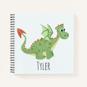 Boys Cute Magical Green Dragon and Name Kids Notebook
