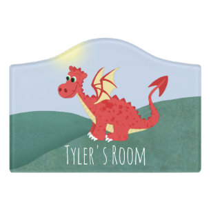 Boys Cute Magical Red Welsh Dragon Cartoon Kids Door Sign