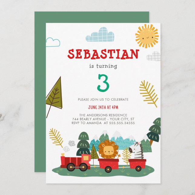 Boys Cute Modern Animals Train Travel Birthday Invitation (Front/Back)