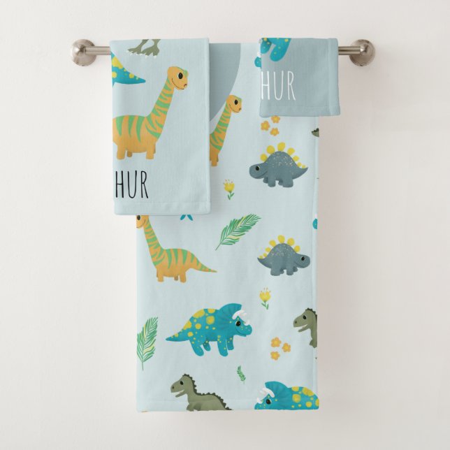 Boys Cute Modern Blue Dinosaur Pattern Kids Bath Towel Set (Insitu)