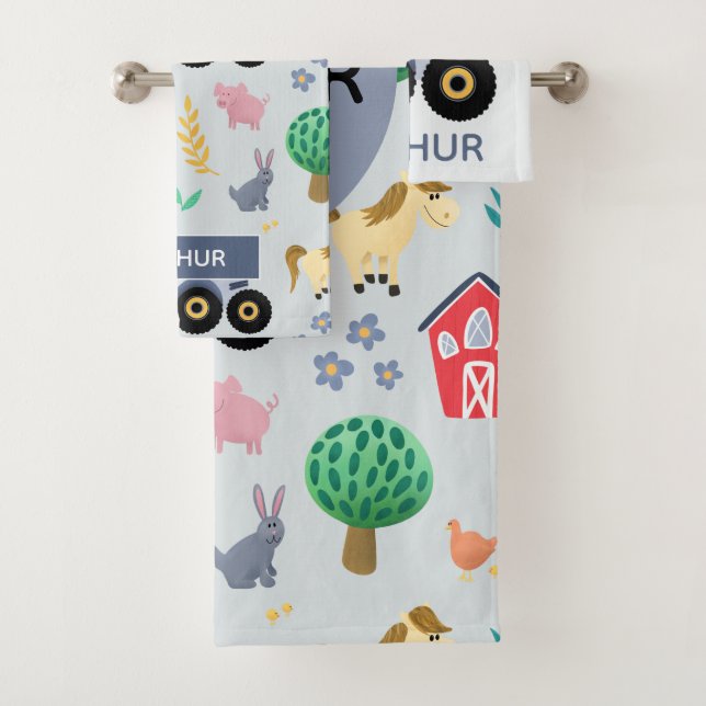 Boys Cute & Modern Blue Farm Tractor Pattern Kids Bath Towel Set (Insitu)