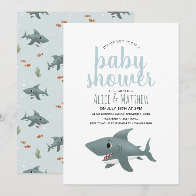 Boys Cute Modern Blue Ocean Shark Baby Shower Invitation (Front/Back)