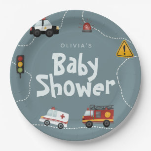 Boys Cute Modern Blue Police Baby Shower Paper Plate