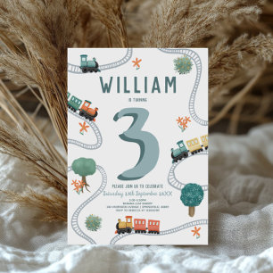 Boys Cute Modern Blue Train Travel Kids Birthday Invitation