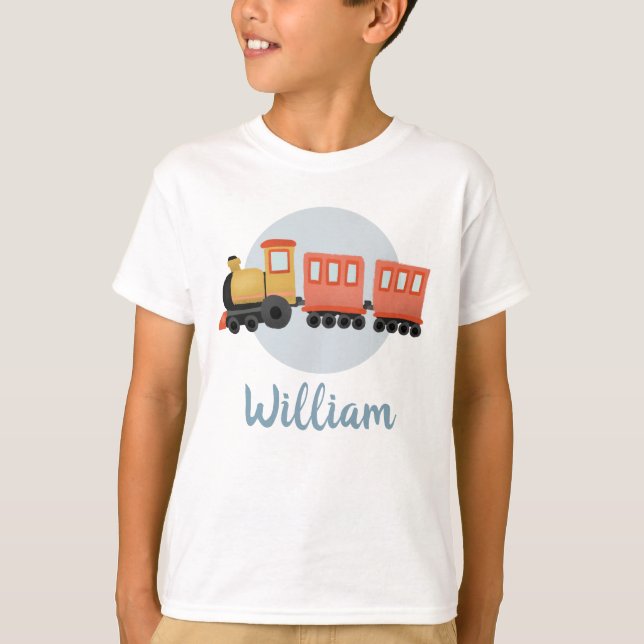 Boys Cute Modern Blue Train Travel Kids T-Shirt (Front)
