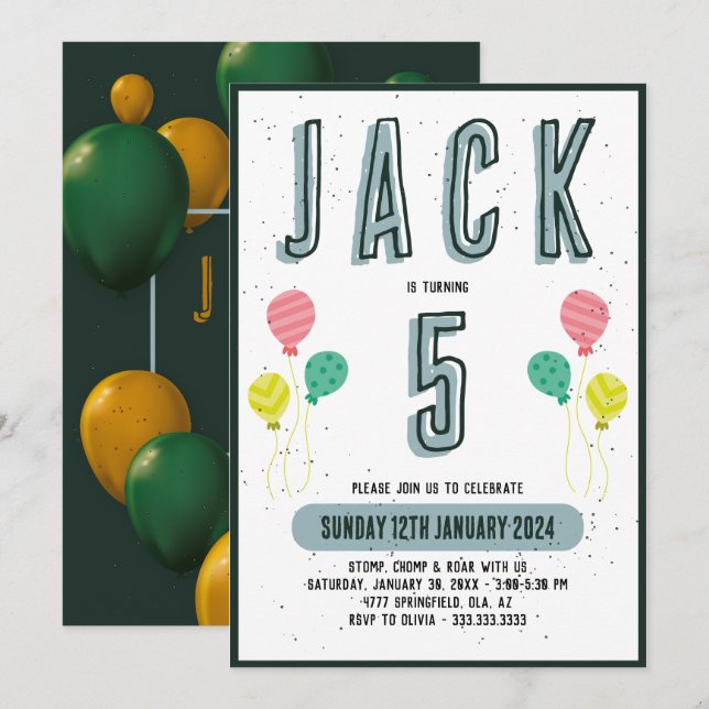 Boys Cute Modern Dark Green Theme Kids 5th Birthda Invitation (Front/Back)