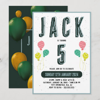 Boys Cute Modern Dark Green Theme Kids 5th Birthda Invitation