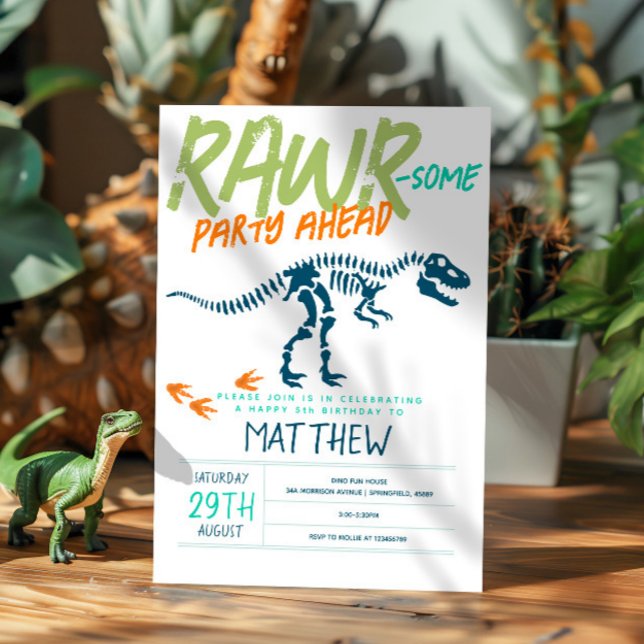 Boys Cute Modern Dinosaur Fossil Kids 5th Birthday Invitation (Creator Uploaded)