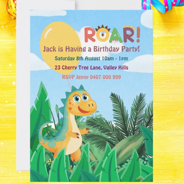 Boys Cute Modern Dinosaur Kids Birthday Invitation (Cute Dinosaur Birthday Invitation – Personalized Roarsome Party Invite for Kids)
