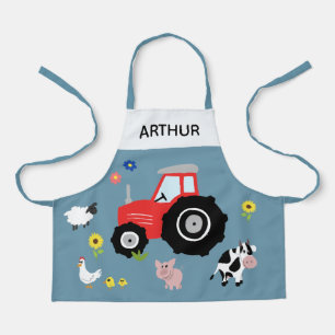 Boys Cute Modern Farm Animal Tractor & Name Kids Apron