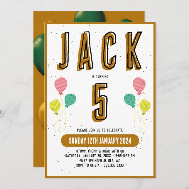 Boys Cute Modern Gold Theme Kids 5th Birthday Part Invitation (Front/Back)