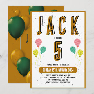 Boys Cute Modern Gold Theme Kids 5th Birthday Part Invitation