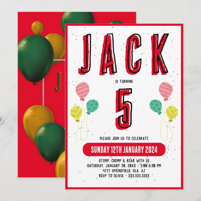 Boys Cute Modern Red Theme Kids 5th Birthday Invitation (Front/Back)