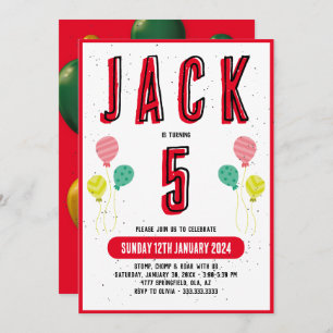 Boys Cute Modern Red Theme Kids 5th Birthday Invitation