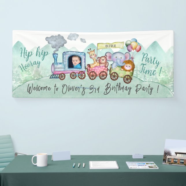 Boys Cute Modern Train Change Name Photo party Banner (Tradeshow)