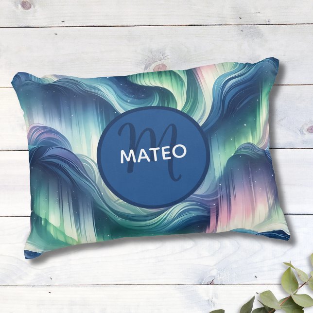 Boys Cute Monogram, Northern Lights Galaxy, Kids Decorative Cushion (Creator Uploaded)