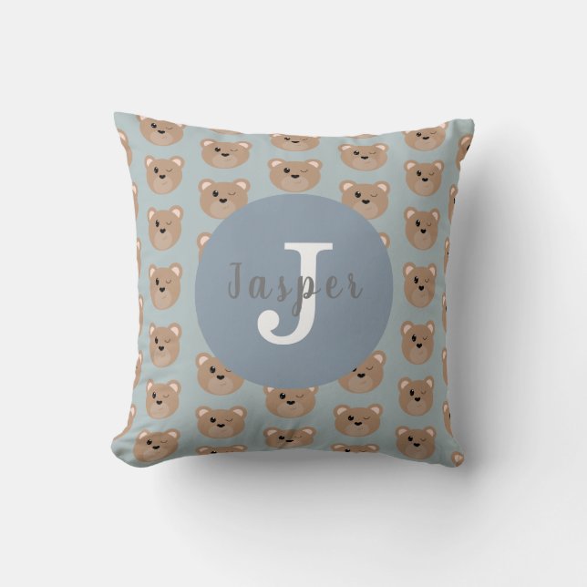 Boys Cute Monogrammed Kids Teddy Bear Pattern Cushion (Front)