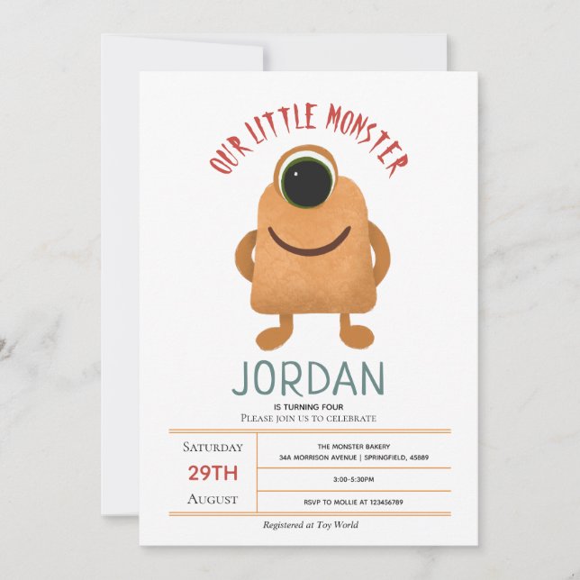 Boys Cute Monster Kids Fourth Birthday Invitation (Front)