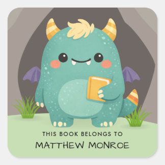 Boy's Cute Monster This Book Belongs To Bookplate Square Sticker