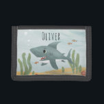 Boy's Cute Ocean Shark and Name Kids Trifold Wallet<br><div class="desc">This cool kids wallet design features a shark cartoon with fish and seaweed and can be personalised with your boy's name. Perfect as a young ocean lover's first wallet! Check out our store for other fun sea-themed items.</div>