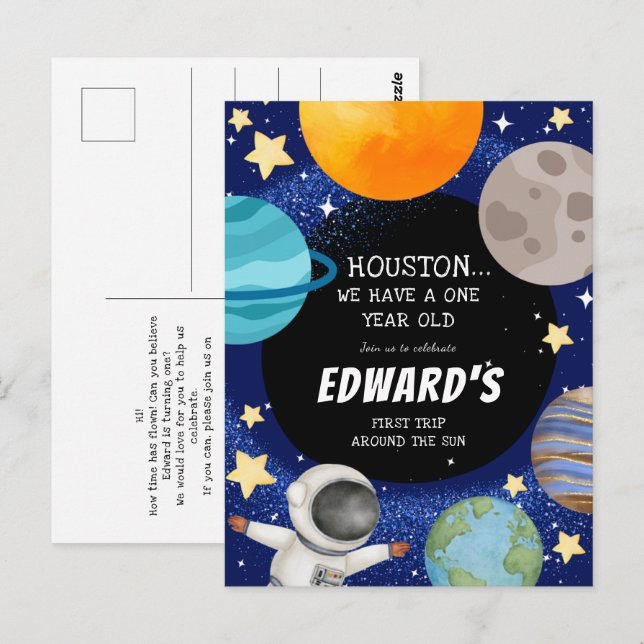 Boy's Cute Outer Space 1st Birthday Invitation Postcard (Front/Back)