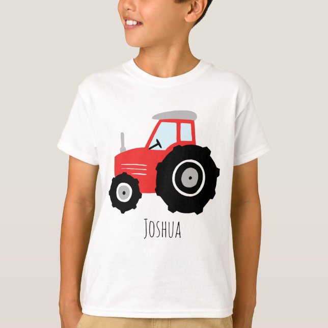 Boys Cute Red Farm Tractor Cartoon with Name T-Shirt (Front)