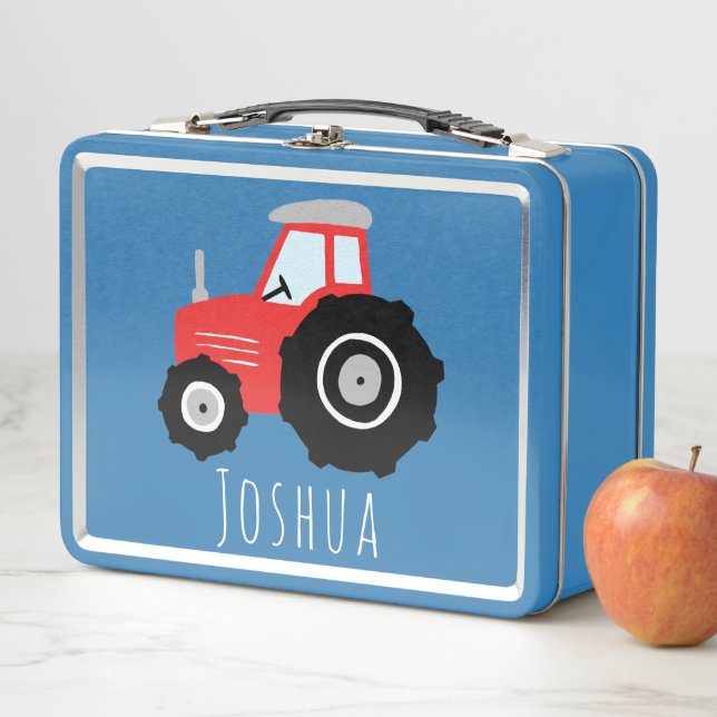 Boys Cute Red Farm Tractor Kids Metal Lunch Box (In Situ)