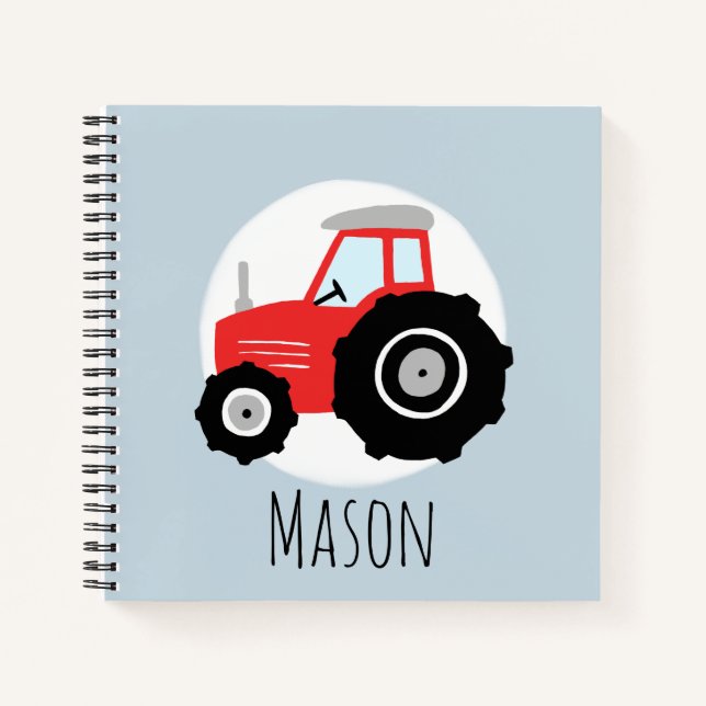 Boy's Cute Red Farm Tractor Kids School Notebook (Front)
