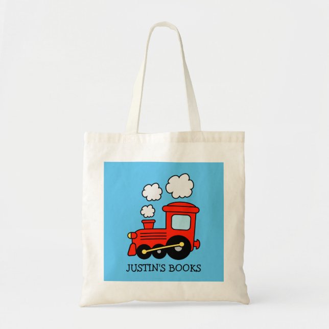 Boys cute red toy train library book tote bag (Front)