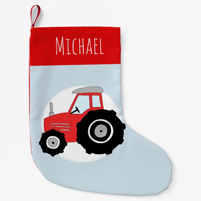 Boys Cute Red Tractor Doodle and Name Small Christmas Stocking (Front)