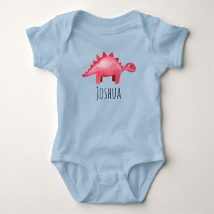 Boys Cute Red Watercolor Dinosaur and Name Baby Bodysuit