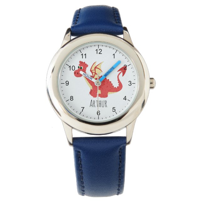 Boys Cute Red Welsh Dragon Cartoon & Name Kids Watch (Front)