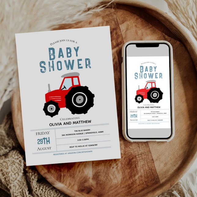 Boys Cute Rustic Farm Red Tractor Baby Shower Invitation (Creator Uploaded)