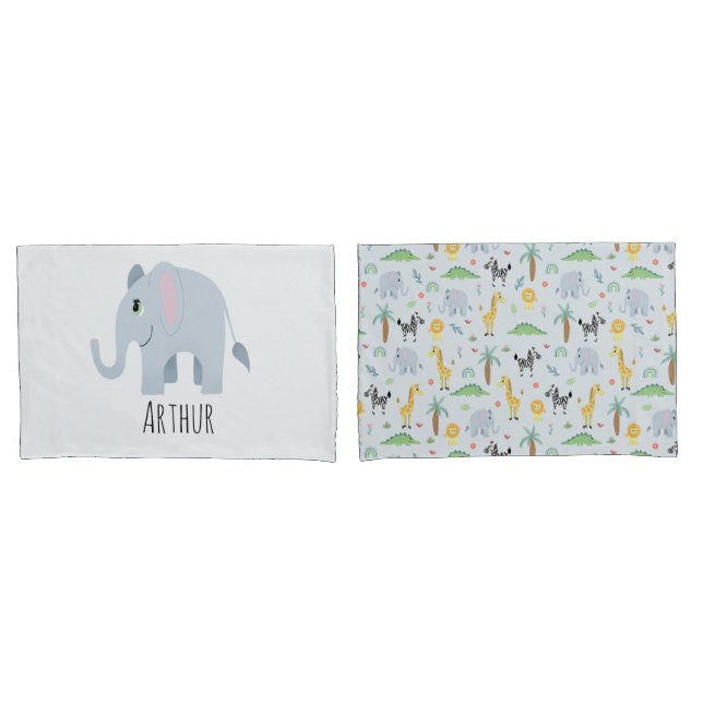 Boys Cute Safari Animals Elephant Name Kids Pillowcase (Front-Set)