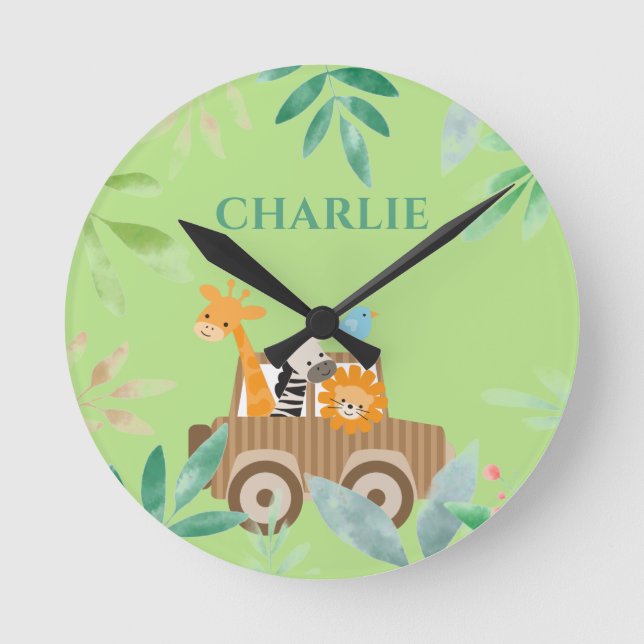 Boys Cute Safari Wild Animals Nursery Kids Round Clock (Front)