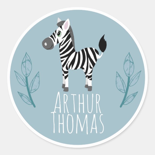 Boys Cute Safari Zebra Name Kids Bookplate Classic Round Sticker (Front)