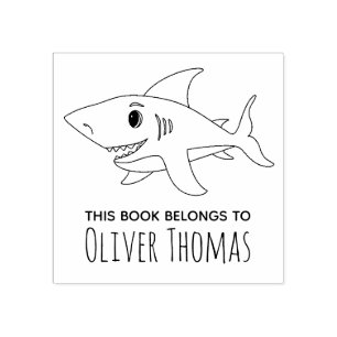 Boys Cute Shark Kids Bookplate Rubber Stamp