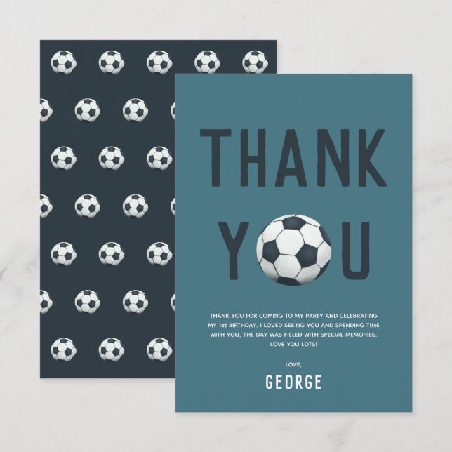 Boys Cute Soccer Sports Kids 1st Birthday Thank You Card (Front/Back)