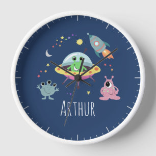 Boys Cute Space Alien Cartoon Kids Room & Nursery Clock