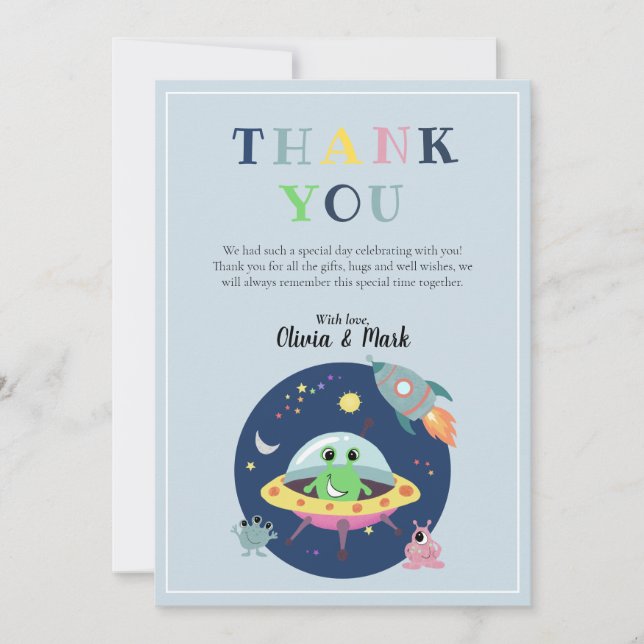 Boys Cute Space Alien Rocket Ship Baby Shower Thank You Card (Front)